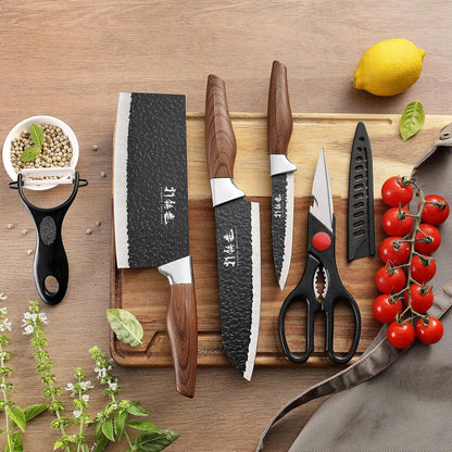 5 PCS kitchen Chef Knife Set, include 7 inch cleaver, 7 inch Santoku, 4.5 inch utility knife, Kitchen Scissors and Peeler