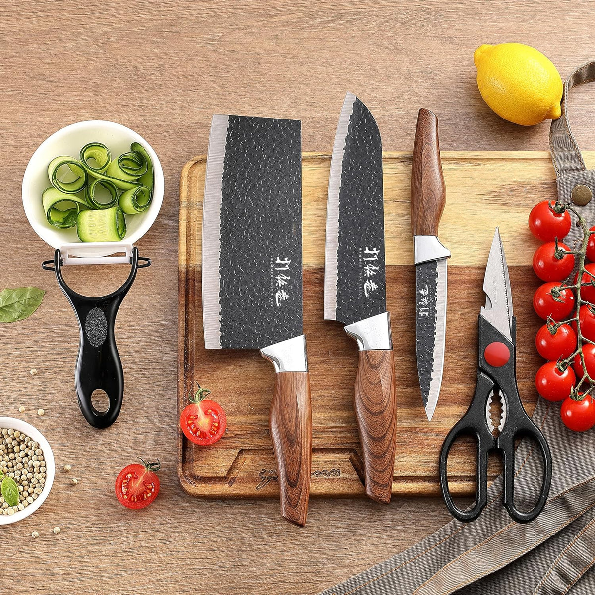 5 PCS kitchen Chef Knife Set, include 7 inch cleaver, 7 inch Santoku, 4.5 inch utility knife, Kitchen Scissors and Peeler