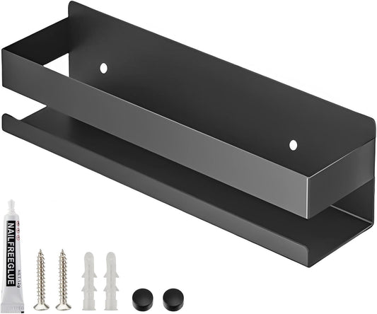 Floating Shelves Wall Mounted, Rustproof Stainless Steel Bathroom Shelf, Black Nail-Free Kitchen Spice Rack, Adhesive Storage Organizer for Shower & Home Decor