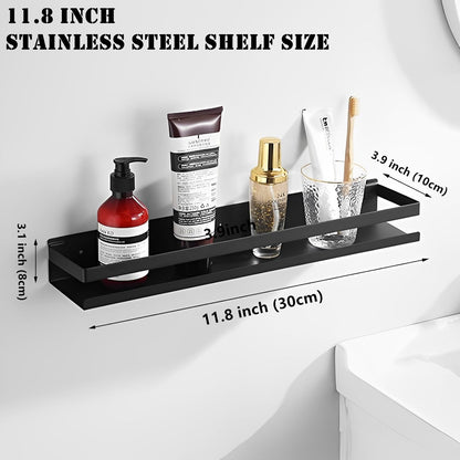 Floating Shelves Wall Mounted, Rustproof Stainless Steel Bathroom Shelf, Black Nail-Free Kitchen Spice Rack, Adhesive Storage Organizer for Shower & Home Decor