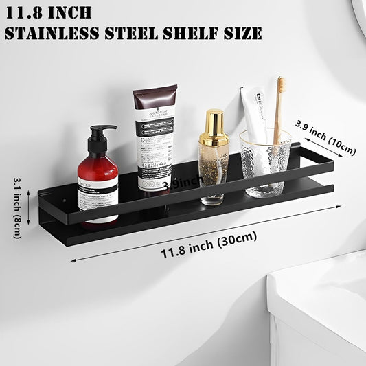 Floating Shelves Wall Mounted, Rustproof Stainless Steel Bathroom Shelf, Black Nail-Free Kitchen Spice Rack, Adhesive Storage Organizer for Shower & Home Decor