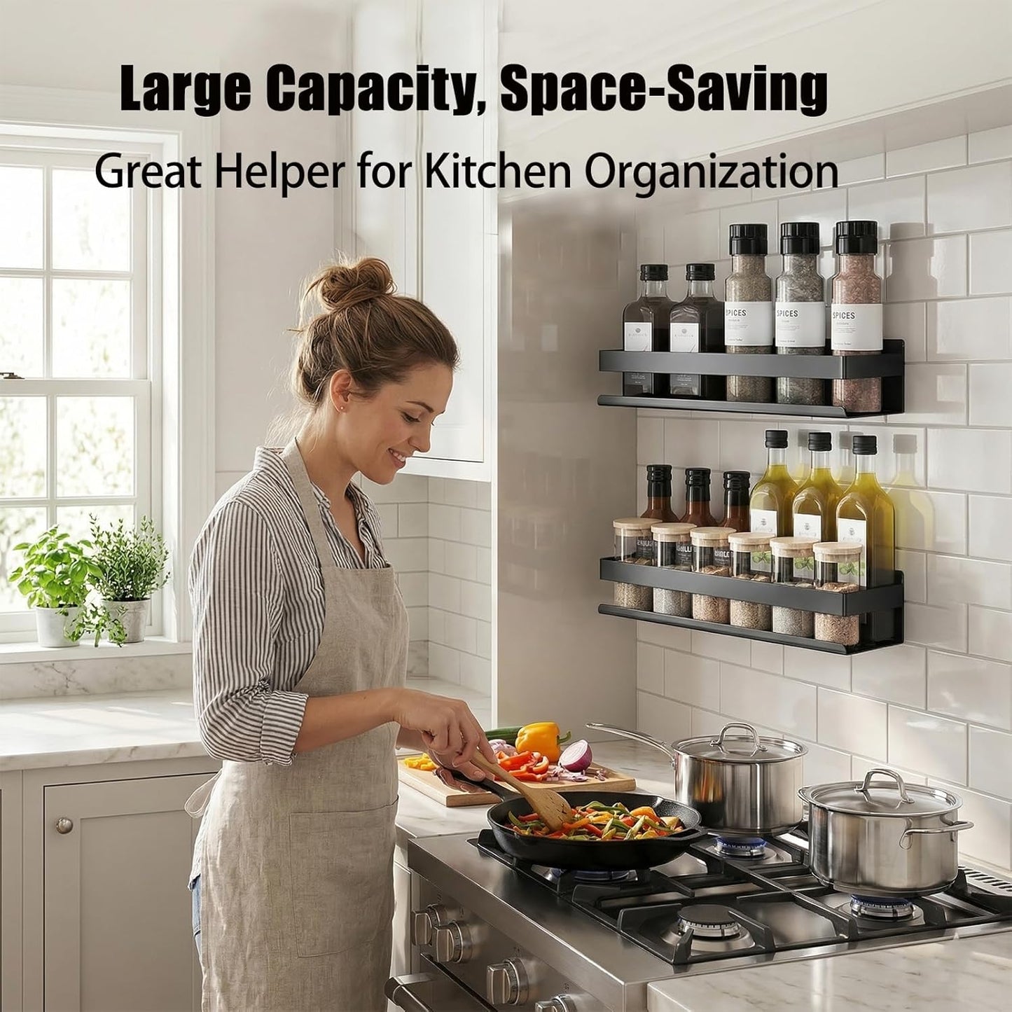 Floating Shelves Wall Mounted, Rustproof Stainless Steel Bathroom Shelf, Black Nail-Free Kitchen Spice Rack, Adhesive Storage Organizer for Shower & Home Decor
