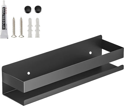 Floating Shelves Wall Mounted, Rustproof Stainless Steel Bathroom Shelf, Black Nail-Free Kitchen Spice Rack, Adhesive Storage Organizer for Shower & Home Decor