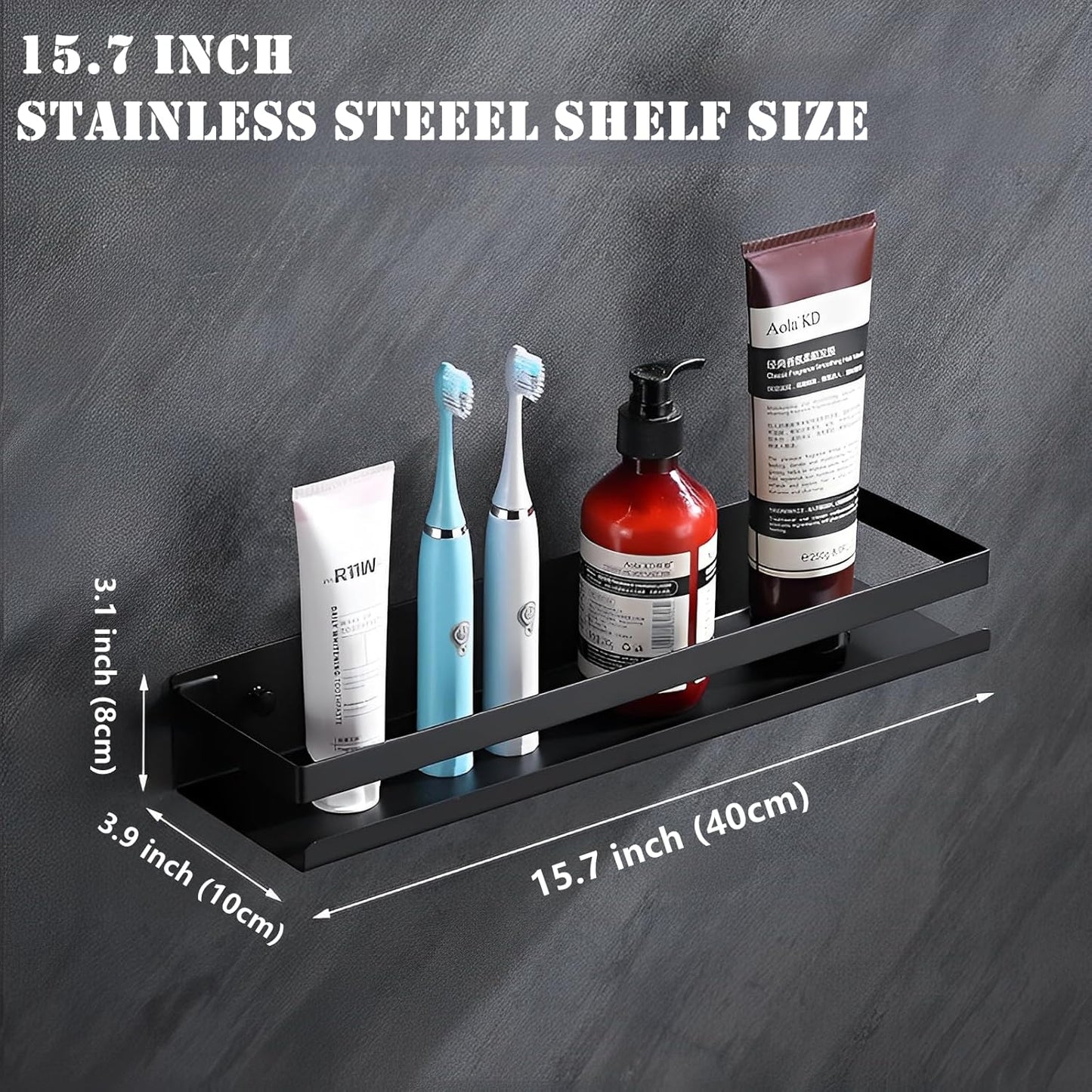 Floating Shelves Wall Mounted, Rustproof Stainless Steel Bathroom Shelf, Black Nail-Free Kitchen Spice Rack, Adhesive Storage Organizer for Shower & Home Decor