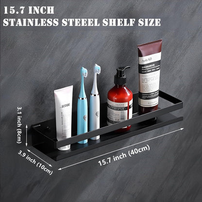 Floating Shelves Wall Mounted, Rustproof Stainless Steel Bathroom Shelf, Black Nail-Free Kitchen Spice Rack, Adhesive Storage Organizer for Shower & Home Decor
