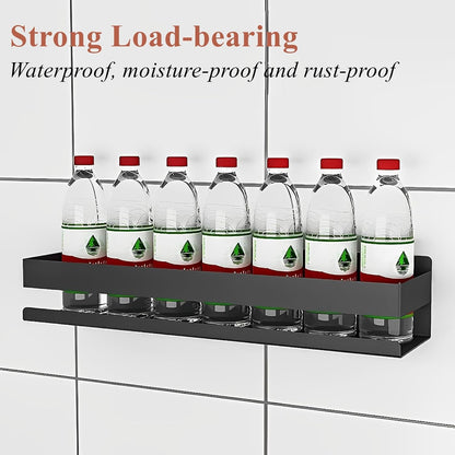 Floating Shelves Wall Mounted, Rustproof Stainless Steel Bathroom Shelf, Black Nail-Free Kitchen Spice Rack, Adhesive Storage Organizer for Shower & Home Decor