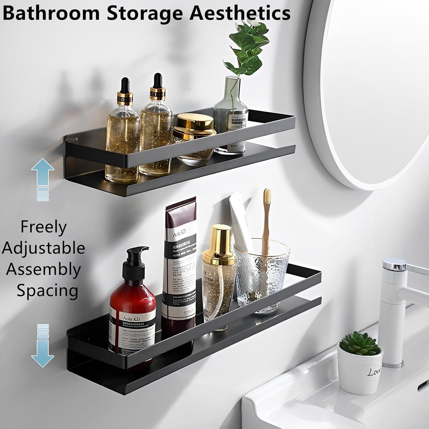 Floating Shelves Wall Mounted, Rustproof Stainless Steel Bathroom Shelf, Black Nail-Free Kitchen Spice Rack, Adhesive Storage Organizer for Shower & Home Decor