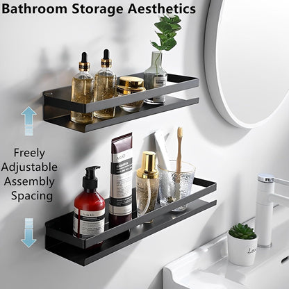 Floating Shelves Wall Mounted, Rustproof Stainless Steel Bathroom Shelf, Black Nail-Free Kitchen Spice Rack, Adhesive Storage Organizer for Shower & Home Decor