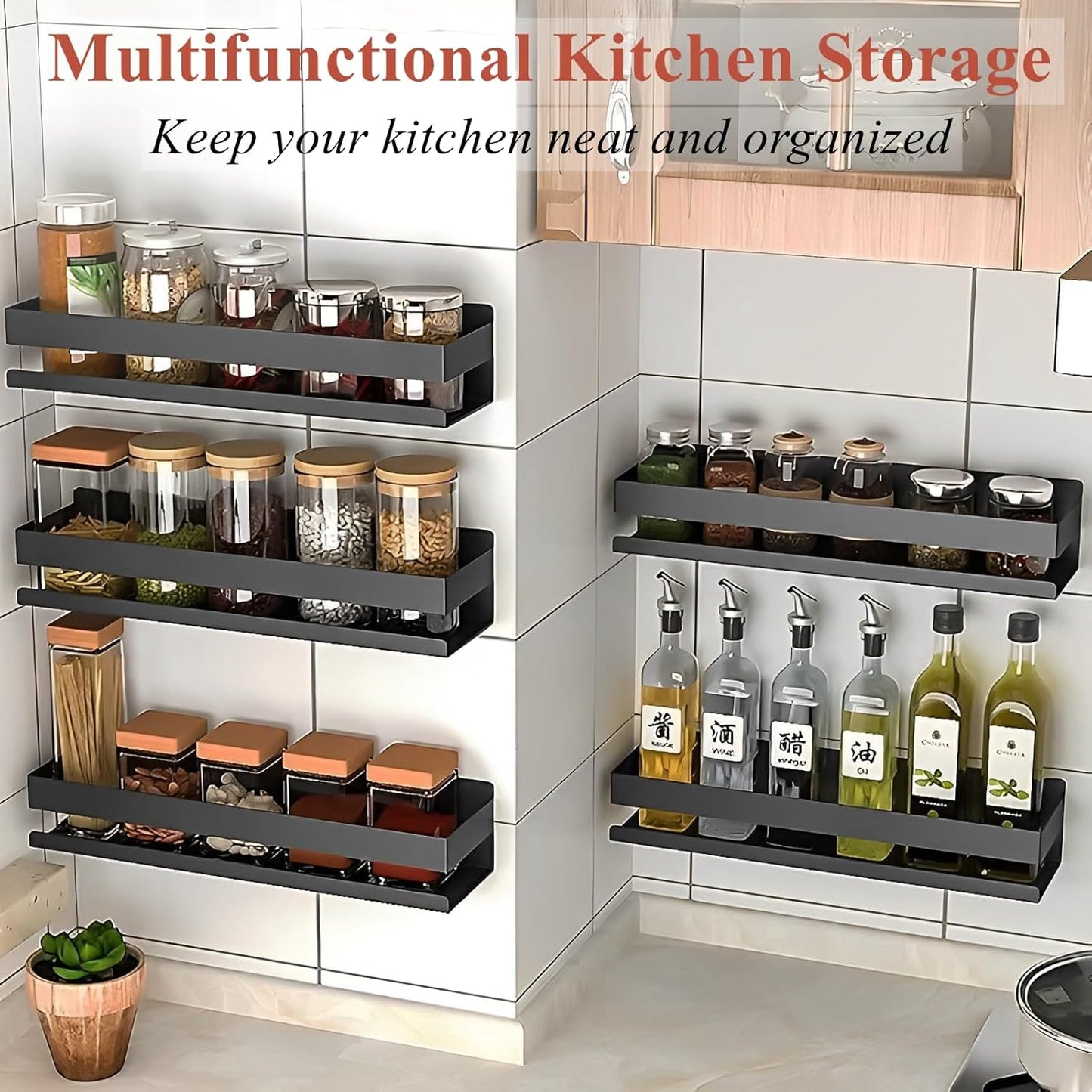 Floating Shelves Wall Mounted, Rustproof Stainless Steel Bathroom Shelf, Black Nail-Free Kitchen Spice Rack, Adhesive Storage Organizer for Shower & Home Decor