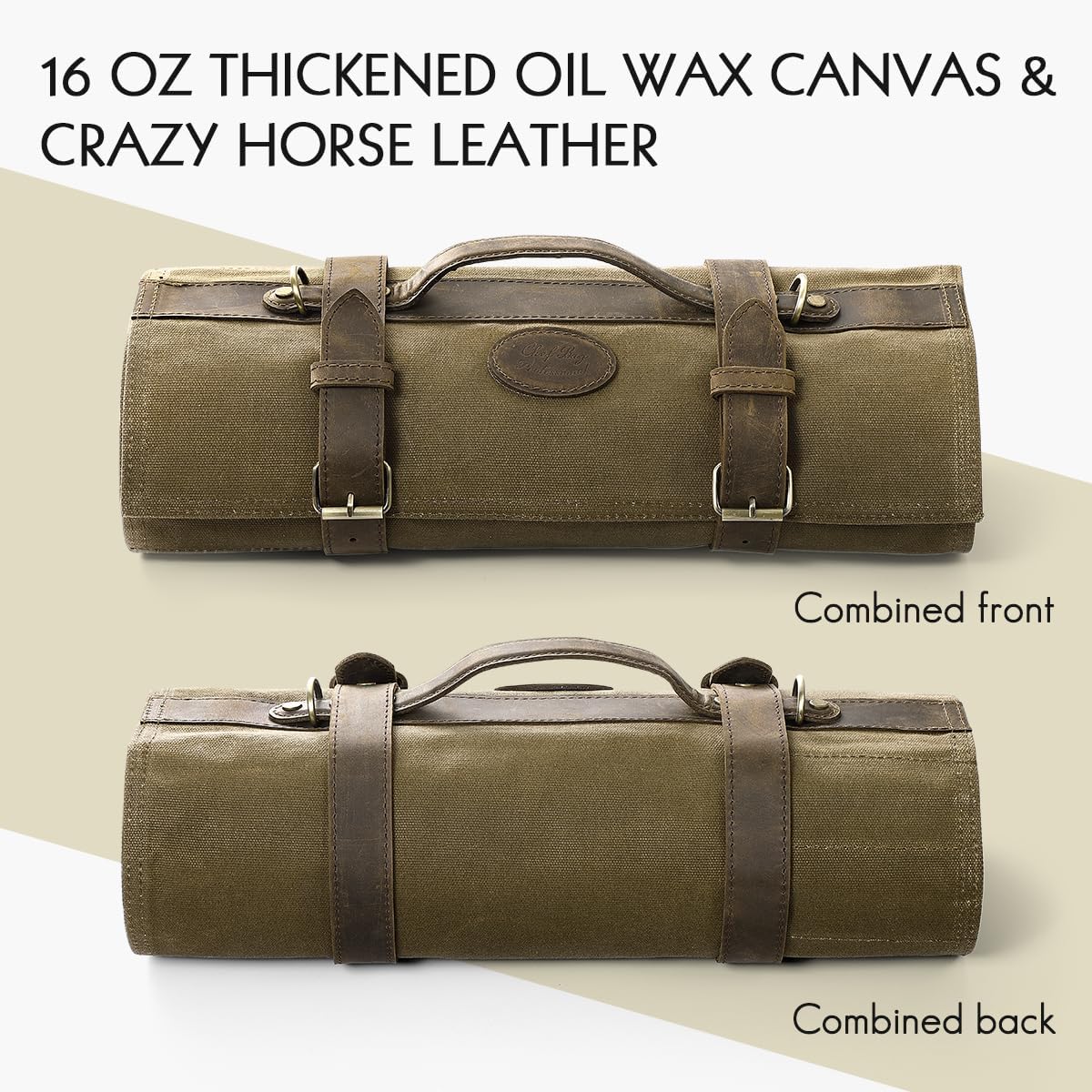 Chef Knife Roll Bag 16oz Oil Waxed Canvas with Cazy Horse Leather, 12 Slots & 2 Zipper Pockets, Portable Backpack Knife Case Storage, Detachable Adjustable Shoulder Strap Belt(Not Included Knives)