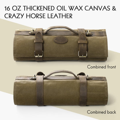 Chef Knife Roll Bag 16oz Oil Waxed Canvas with Cazy Horse Leather, 12 Slots & 2 Zipper Pockets, Portable Backpack Knife Case Storage, Detachable Adjustable Shoulder Strap Belt(Not Included Knives)