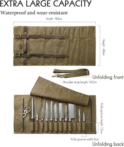Chef Knife Roll Bag 16oz Oil Waxed Canvas with Cazy Horse Leather, 12 Slots & 2 Zipper Pockets, Portable Backpack Knife Case Storage, Detachable Adjustable Shoulder Strap Belt(Not Included Knives)
