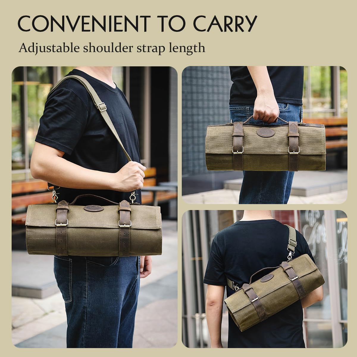 Chef Knife Roll Bag 16oz Oil Waxed Canvas with Cazy Horse Leather, 12 Slots & 2 Zipper Pockets, Portable Backpack Knife Case Storage, Detachable Adjustable Shoulder Strap Belt(Not Included Knives)