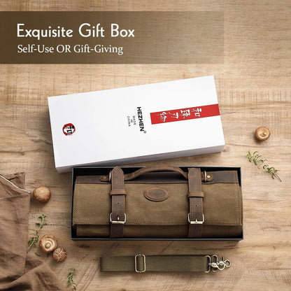 Chef Knife Roll Bag 16oz Oil Waxed Canvas with Cazy Horse Leather, 12 Slots & 2 Zipper Pockets, Portable Backpack Knife Case Storage, Detachable Adjustable Shoulder Strap Belt(Not Included Knives)