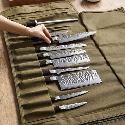 Chef Knife Roll Bag 16oz Oil Waxed Canvas with Cazy Horse Leather, 12 Slots & 2 Zipper Pockets, Portable Backpack Knife Case Storage, Detachable Adjustable Shoulder Strap Belt(Not Included Knives)