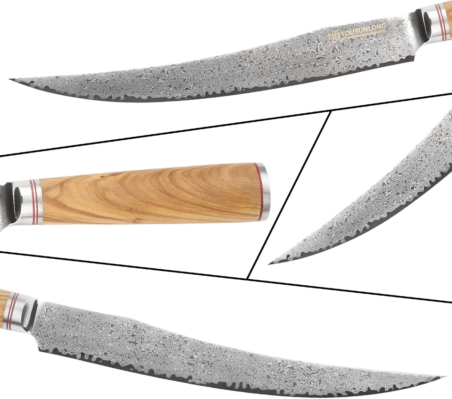 Slicing & Carving Knife -10''(25.4cm) - Damascus Steel - Japanese Hammered Super Steel - Razor Sharp - Italian Olive wood Handle With Leather Sheath -Ham Slicer- Slicing Cleaver