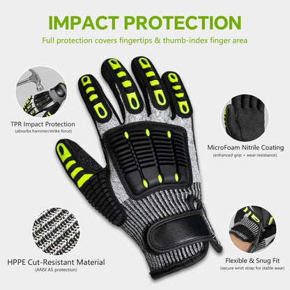 Impact Work Gloves for Men - ANSI Cut Level A5 with TPR Knuckle Guards & Shock Absorption, Nitrile Coated Palm for Maximum Grip, Heavy Duty for Construction, Warehouse, Auto Repair (2 Pairs XL)