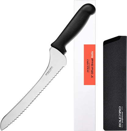 9 Inch Offset Serrated Bread Knife, for Homemade Sourdough & Cake | 9-inch serrated steel blade，Cuts sourdough & crusty bread，Offset handle，Great for cake & bagels，Rust-resistant.