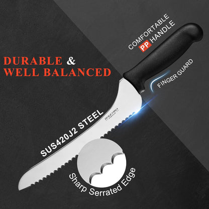 9 Inch Offset Serrated Bread Knife, for Homemade Sourdough & Cake | 9-inch serrated steel blade，Cuts sourdough & crusty bread，Offset handle，Great for cake & bagels，Rust-resistant.