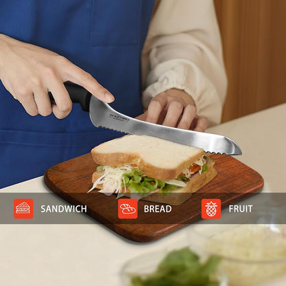 9 Inch Offset Serrated Bread Knife, for Homemade Sourdough & Cake | 9-inch serrated steel blade，Cuts sourdough & crusty bread，Offset handle，Great for cake & bagels，Rust-resistant.