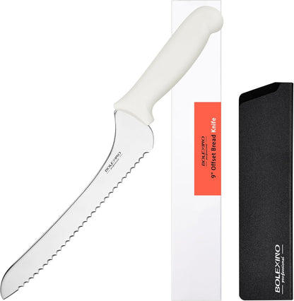 9 Inch Offset Serrated Bread Knife, for Homemade Sourdough & Cake | 9-inch serrated steel blade，Cuts sourdough & crusty bread，Offset handle，Great for cake & bagels，Rust-resistant.