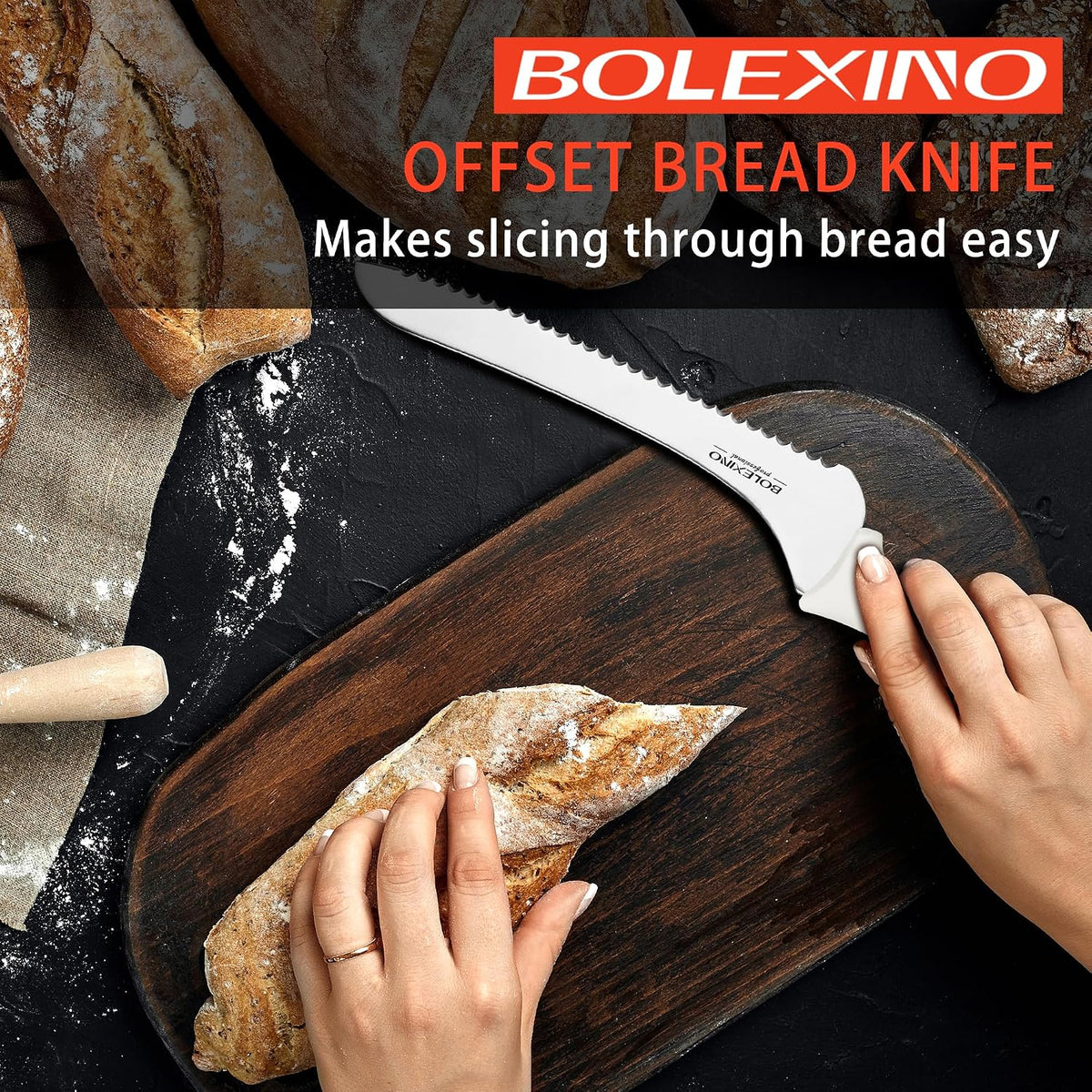 9 Inch Offset Serrated Bread Knife, for Homemade Sourdough & Cake | 9-inch serrated steel blade，Cuts sourdough & crusty bread，Offset handle，Great for cake & bagels，Rust-resistant.