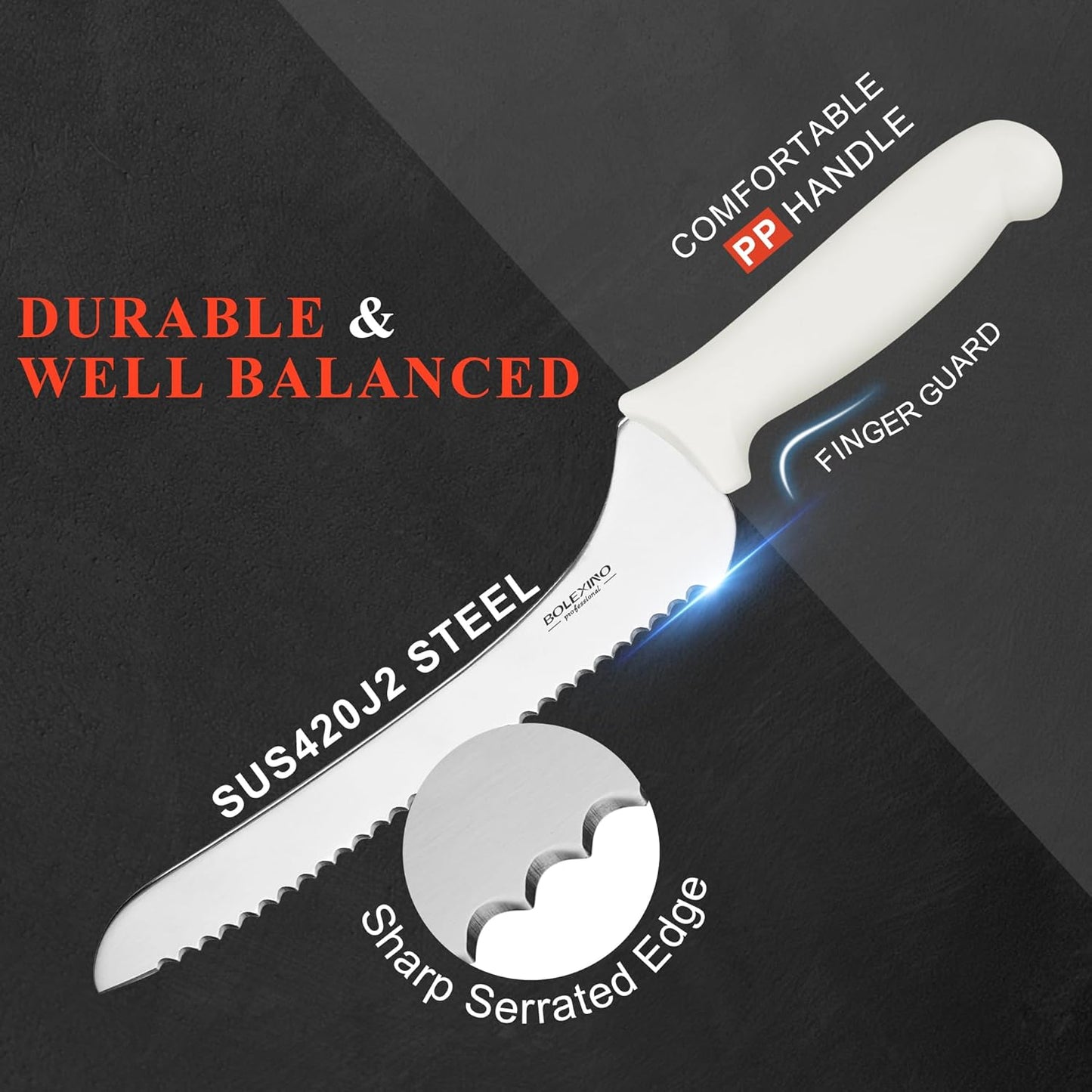 9 Inch Offset Serrated Bread Knife, for Homemade Sourdough & Cake | 9-inch serrated steel blade，Cuts sourdough & crusty bread，Offset handle，Great for cake & bagels，Rust-resistant.