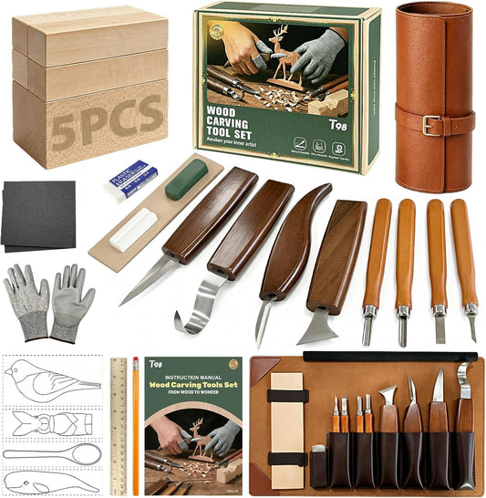 28Pcs Wood Carving Kit, 8 Carving Knives Templates Leather Bag Gift