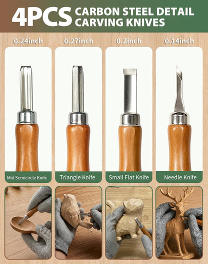 28Pcs Wood Carving Kit, 8 Carving Knives Templates Leather Bag Gift