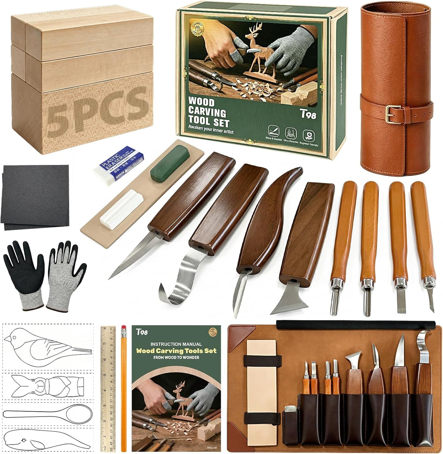 28Pcs Wood Carving Kit, 8 Carving Knives Templates Leather Bag Gift