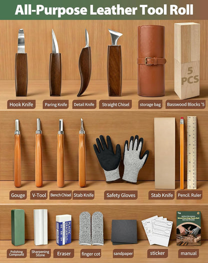28Pcs Wood Carving Kit, 8 Carving Knives Templates Leather Bag Gift