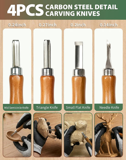 28Pcs Wood Carving Kit, 8 Carving Knives Templates Leather Bag Gift