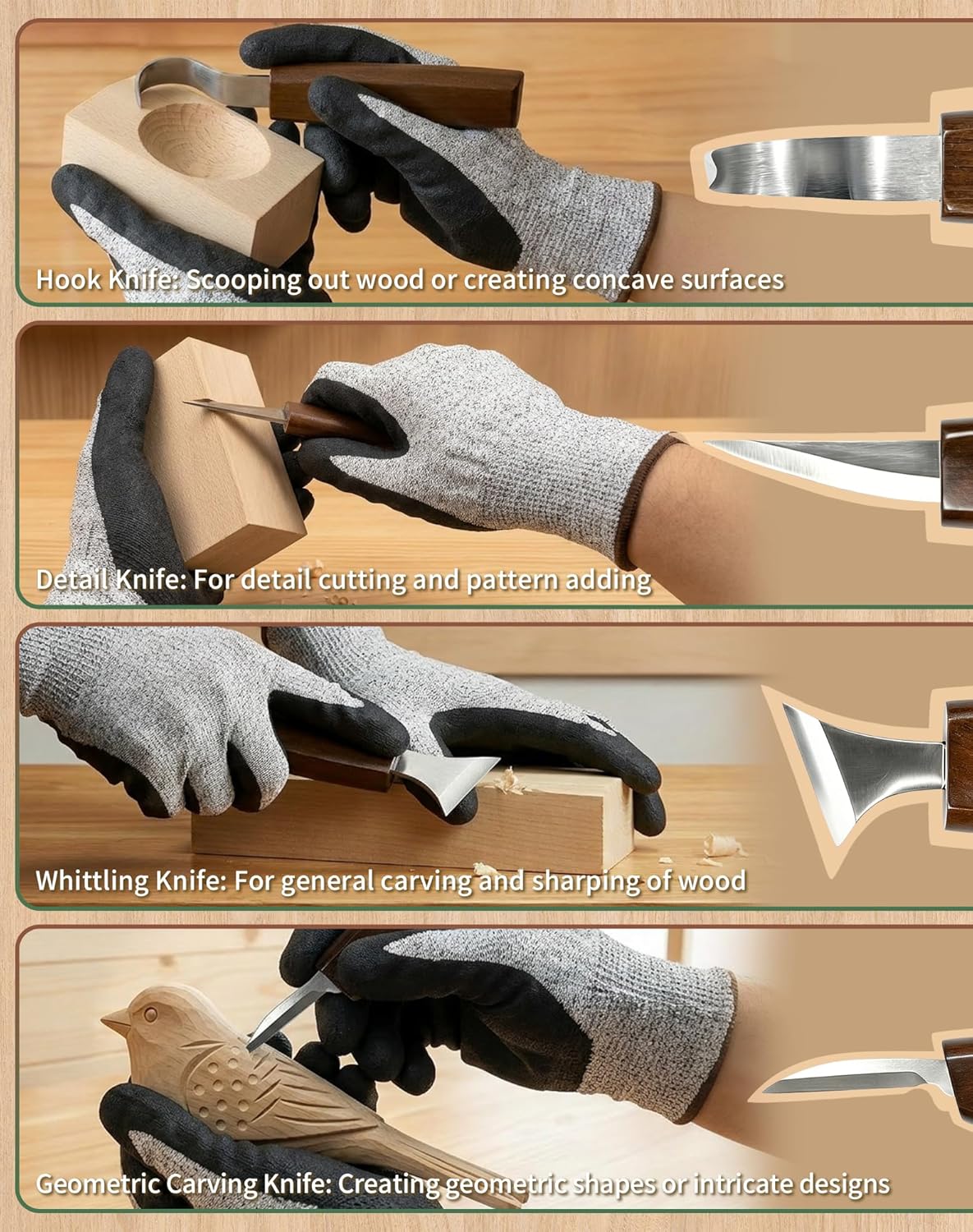 28Pcs Wood Carving Kit, 8 Carving Knives Templates Leather Bag Gift
