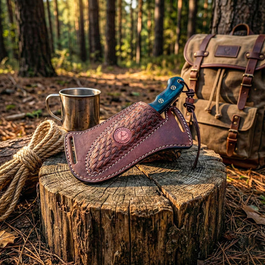 Cross Side Draw Knife Sheath for Belt, Italian Cowhide Tooled Pancake Holster, Horizontal Carry for Fixed Blade Hunting/EDC, Fits 3.5-5.5 in Blade, SM157