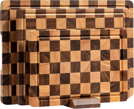Checkered Cutting Boards for Kitchen, Wooden Cutting Board Set, Acacia Chopping Board with Juice Grooves & Handles, Butcher Block Serving Tray for Meat, Vegetables and Fruits, 3pcs