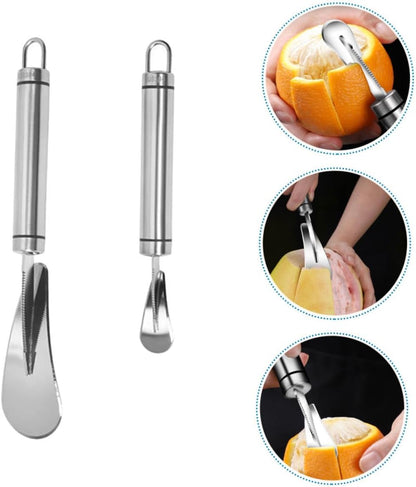 2pcs Stainless Steel Citrus Peeler Set Long Handle Sturdy Grapefruit Knife and Orange Opener Heavy-Duty Fruit Peeling Tool for Kitchen and Home Use