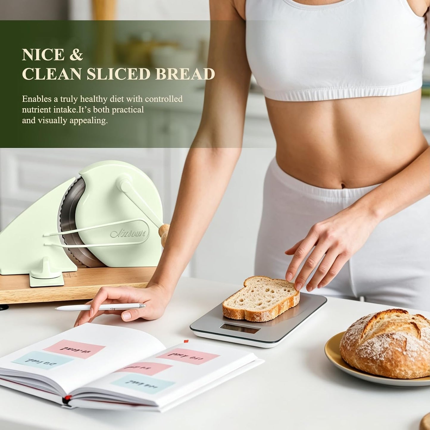 Manual Bread Slicer for Homemade Bread,Even Slicing Thickness-Adjustable | Slices,Sourdough Slicer with Scale Lines&SuperStrong SuctionCup Fixation (Cream-Guide)