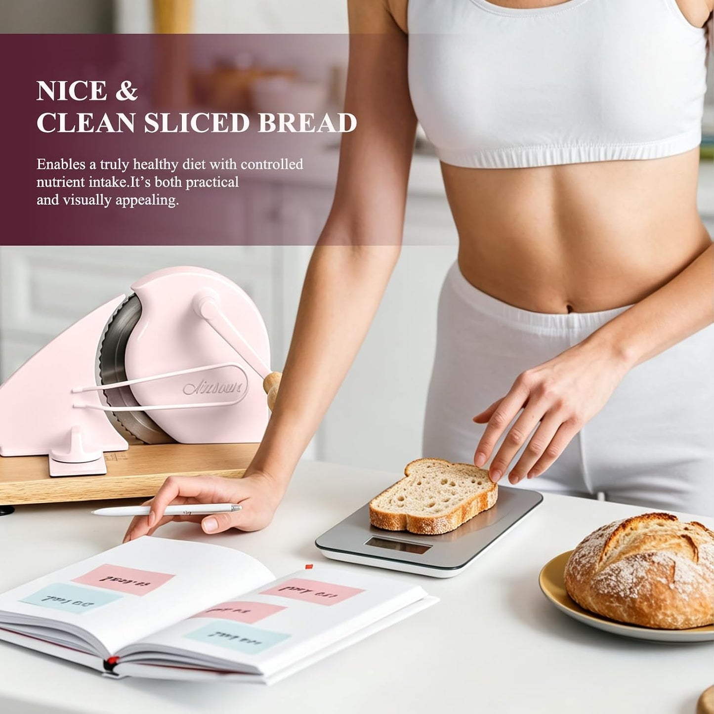 Manual Bread Slicer for Homemade Bread,Even Slicing Thickness-Adjustable | Slices,Sourdough Slicer with Scale Lines&SuperStrong SuctionCup Fixation (Cream-Guide)