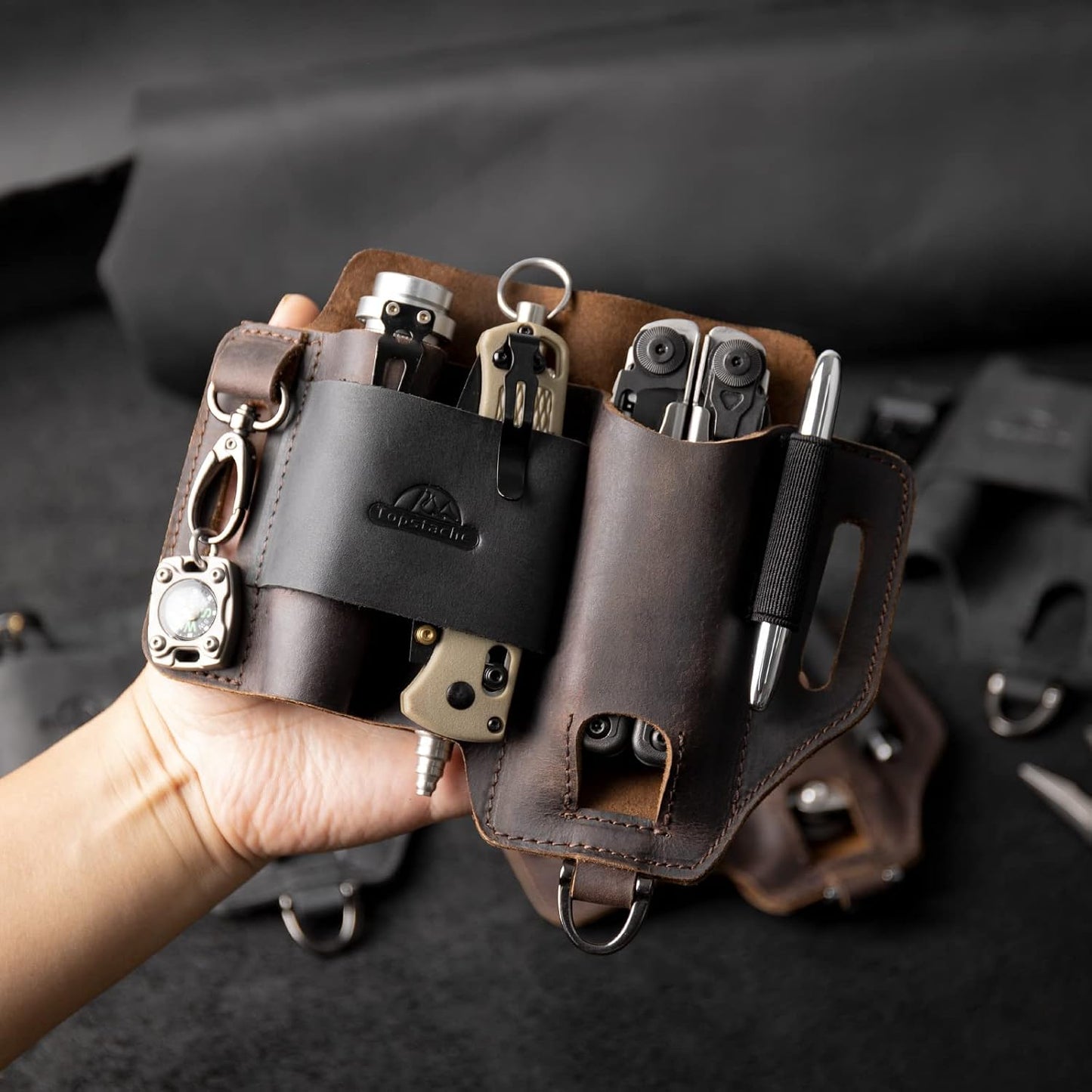 Leather Multitool Sheath,EDC Belt Organizer for Work and Daily Use,Leatherman Sheath,EDC Pocket Organizer for Flashlight and Multitool,Gifts for Men for Multitool,Darkbrown