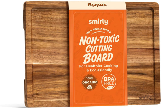 Acacia Wood Cutting Board - Cutting Board for Kitchen - 1 Pack | Non Toxic Wooden Cutting Board with Juice Grooves and Built-in Hidden Handles, Chopping Board for Meat Vegetable Charcuterie