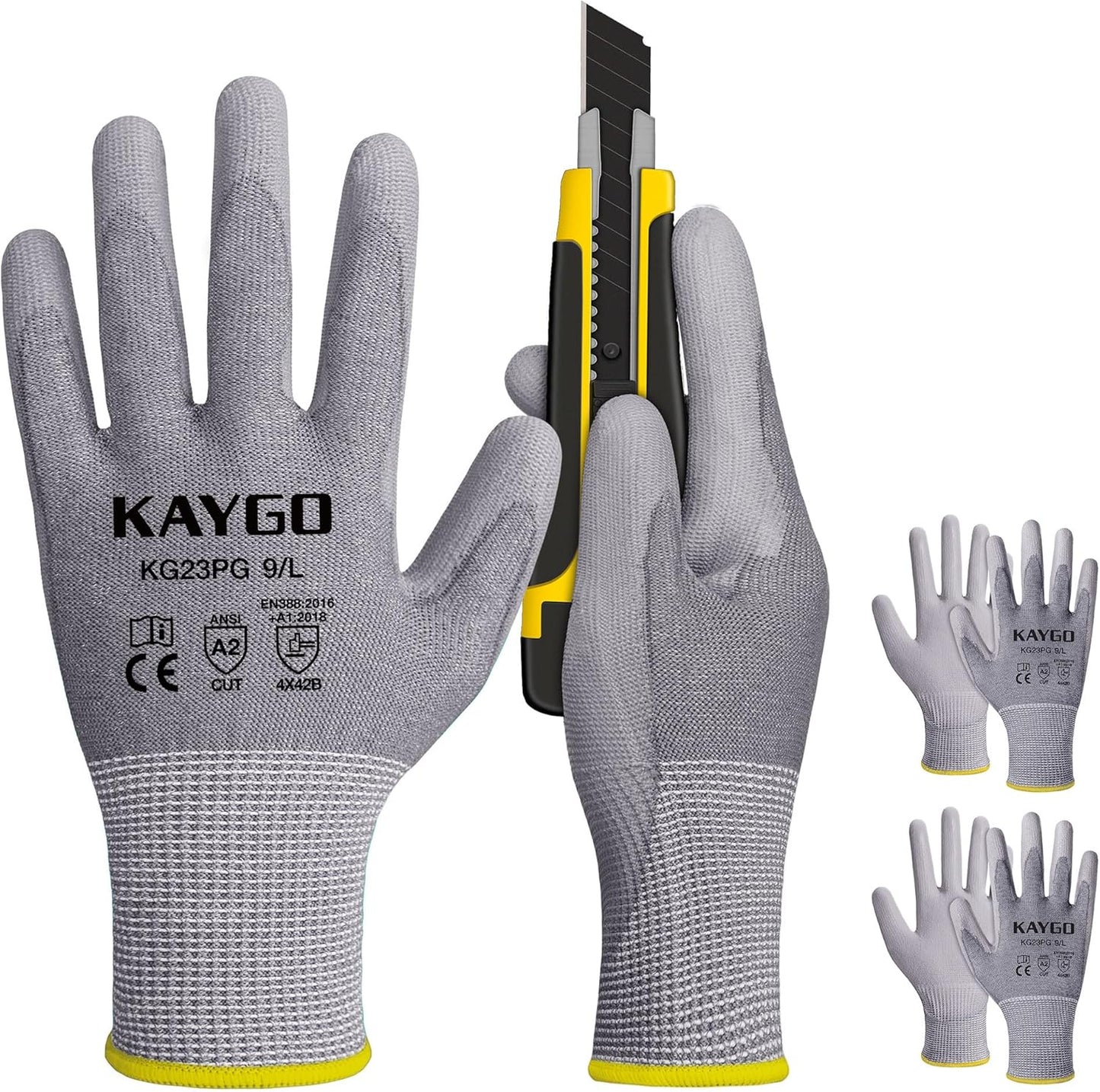 Cut Resistant Gloves PU Coated 3 Pairs, ANSI Cut Level A2, Lightweight Safety Work Gloves, Ideal for Industrial and Construction (Large,Grey)
