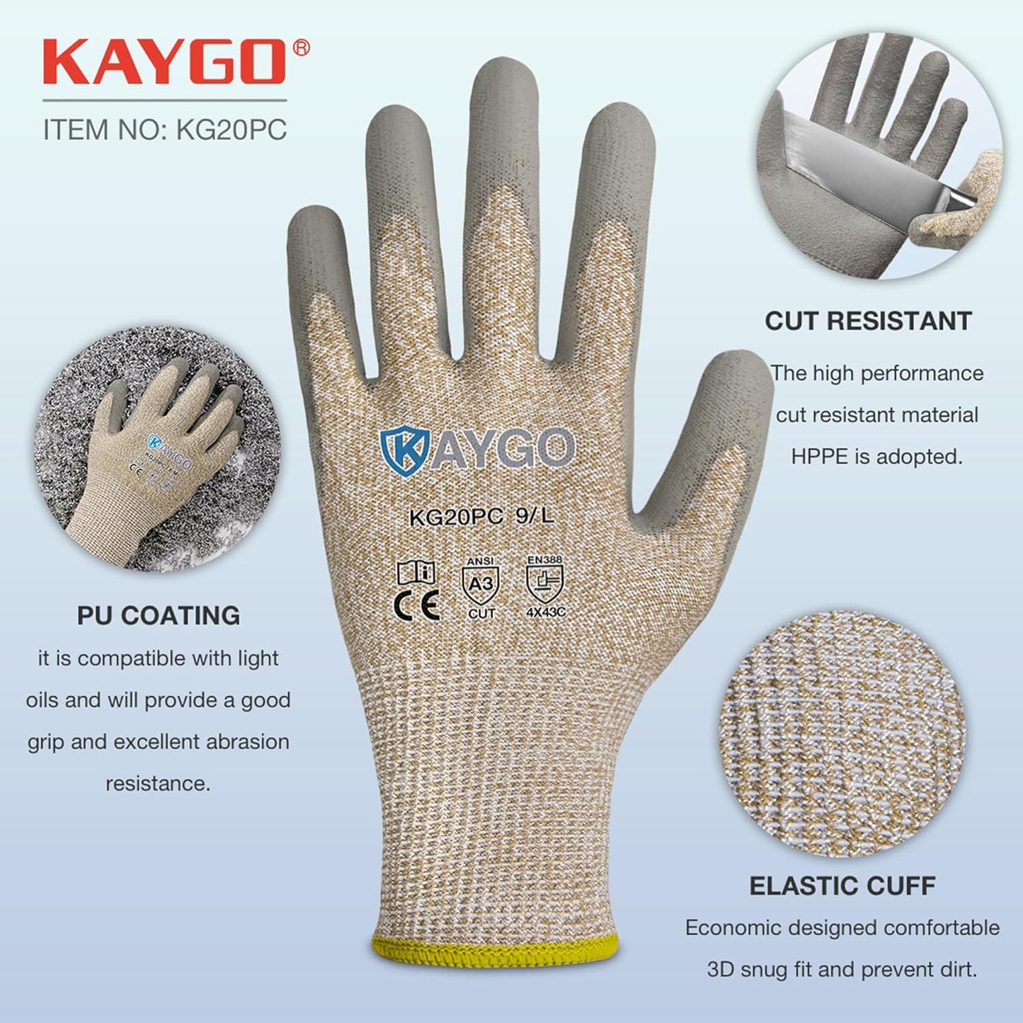 Cut Resistant Gloves PU Coated 3 Pairs, ANSI Cut Level A2, Lightweight Safety Work Gloves, Ideal for Industrial and Construction (Large,Grey)