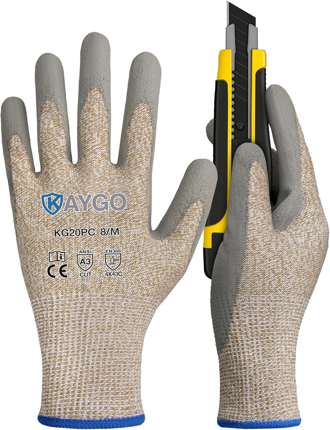 Cut Resistant Gloves PU Coated 3 Pairs, ANSI Cut Level A2, Lightweight Safety Work Gloves, Ideal for Industrial and Construction (Large,Grey)