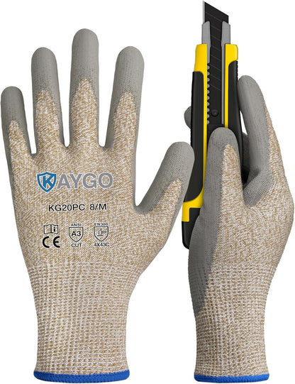 Cut Resistant Gloves PU Coated 3 Pairs, ANSI Cut Level A2, Lightweight Safety Work Gloves, Ideal for Industrial and Construction (Large,Grey)