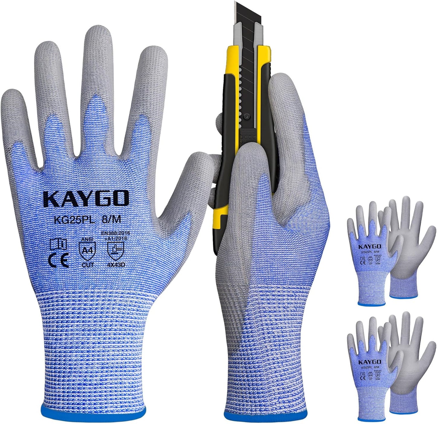 Cut Resistant Gloves PU Coated 3 Pairs, ANSI Cut Level A2, Lightweight Safety Work Gloves, Ideal for Industrial and Construction (Large,Grey)