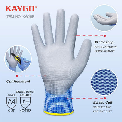 Cut Resistant Gloves PU Coated 3 Pairs, ANSI Cut Level A2, Lightweight Safety Work Gloves, Ideal for Industrial and Construction (Large,Grey)