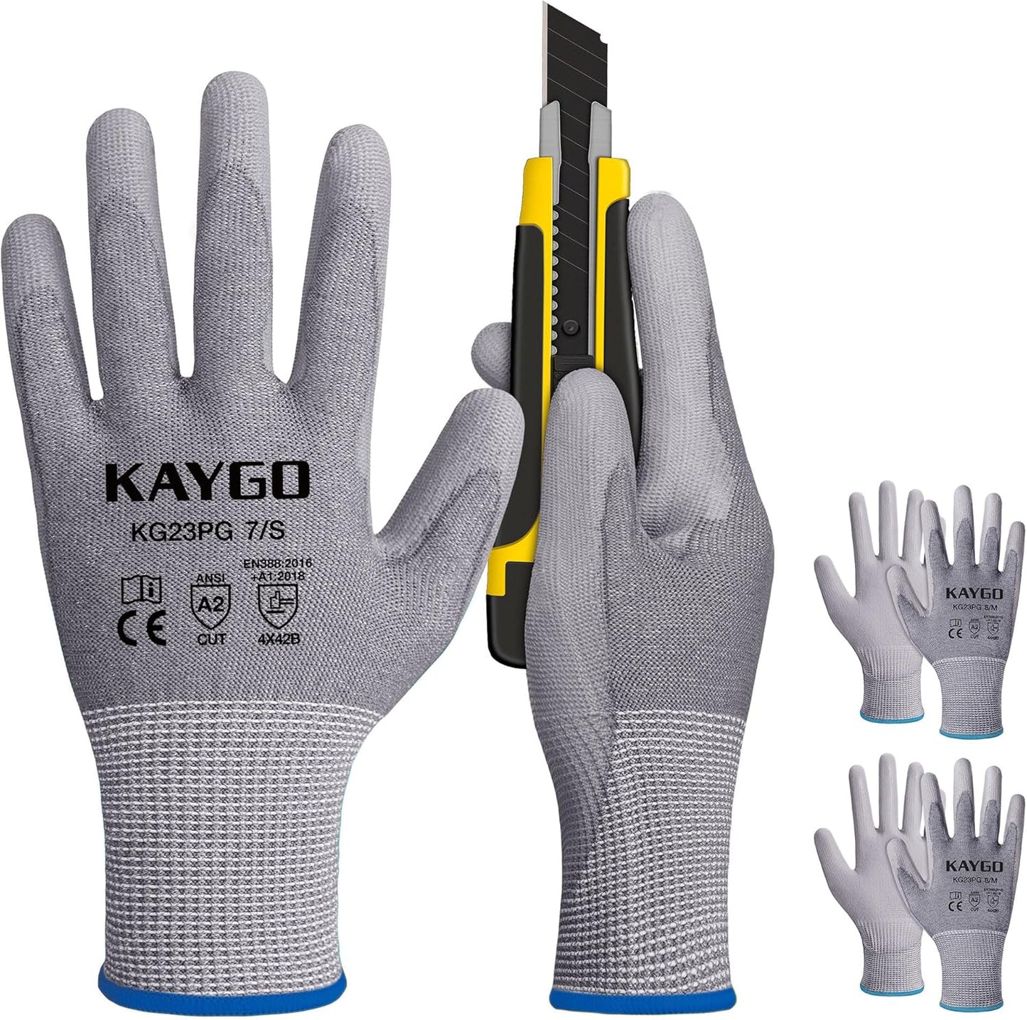 Cut Resistant Gloves PU Coated 3 Pairs, ANSI Cut Level A2, Lightweight Safety Work Gloves, Ideal for Industrial and Construction (Large,Grey)