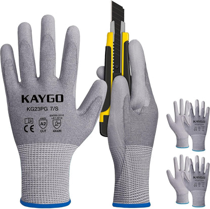 Cut Resistant Gloves PU Coated 3 Pairs, ANSI Cut Level A2, Lightweight Safety Work Gloves, Ideal for Industrial and Construction (Large,Grey)
