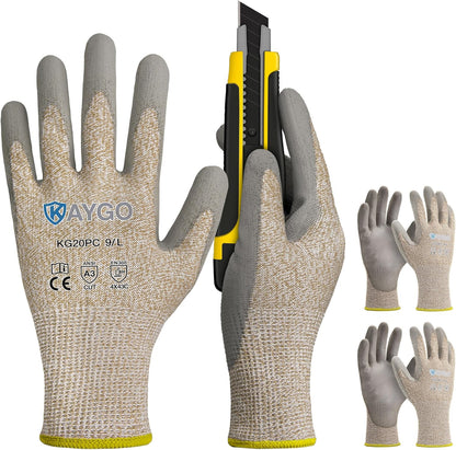 Cut Resistant Gloves PU Coated 3 Pairs, ANSI Cut Level A2, Lightweight Safety Work Gloves, Ideal for Industrial and Construction (Large,Grey)