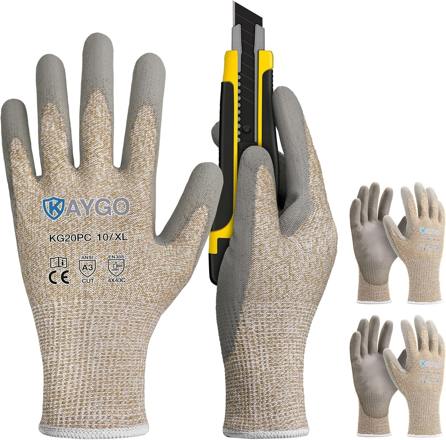 Cut Resistant Gloves PU Coated 3 Pairs, ANSI Cut Level A2, Lightweight Safety Work Gloves, Ideal for Industrial and Construction (Large,Grey)